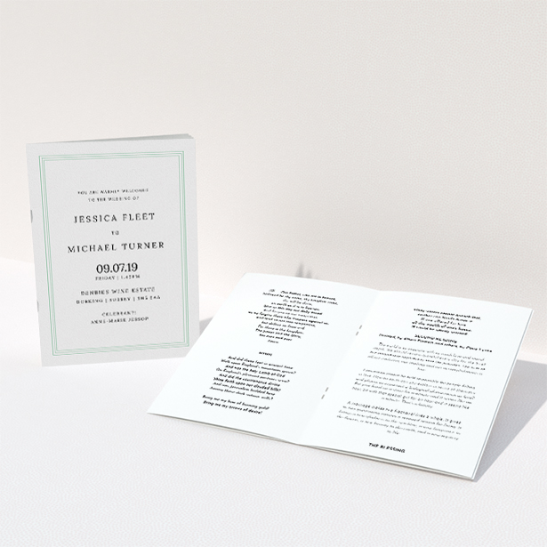 A wedding order of service design named "Classic Order of Service". It is an A5 booklet in a portrait orientation. "Classic Order of Service" is available as a folded booklet booklet, with tones of green and white.