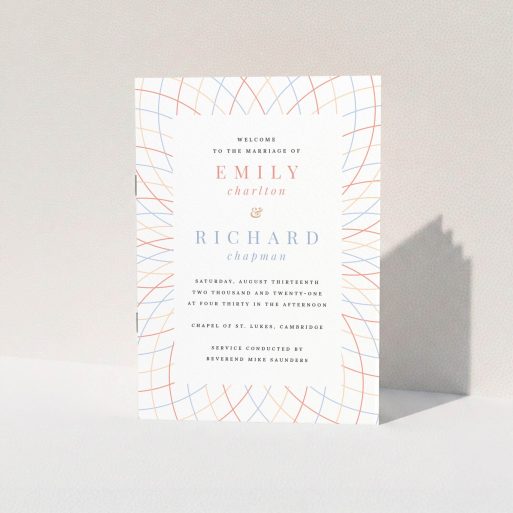 Wedding Order Of Service Design - "Concentric Circles Modern" A wedding order of service design called "Concentric Circles Modern". It is an A5 booklet in a portrait orientation. "Concentric Circles Modern" is available as a folded booklet booklet, with tones of white, orange and red.
