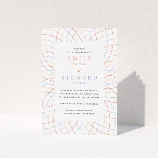 A wedding order of service design called "Concentric Circles Modern". It is an A5 booklet in a portrait orientation. "Concentric Circles Modern" is available as a folded booklet booklet, with tones of white, orange and red.