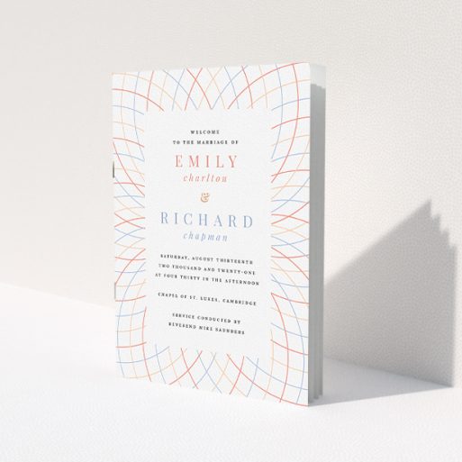 A wedding order of service design called 'Concentric Circles Modern'. It is an A5 booklet in a portrait orientation. 'Concentric Circles Modern' is available as a folded booklet booklet, with tones of white, orange and red.