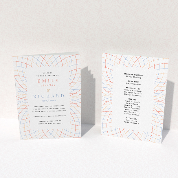 A wedding order of service design called "Concentric Circles Modern". It is an A5 booklet in a portrait orientation. "Concentric Circles Modern" is available as a folded booklet booklet, with tones of white, orange and red.
