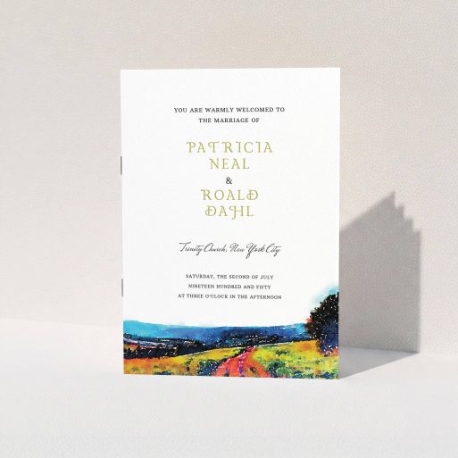 Wedding Order Of Service Design - "Country Road" A wedding order of service design called "Country Road". It is an A5 booklet in a portrait orientation. "Country Road" is available as a folded booklet booklet, with tones of white, orange and light blue.