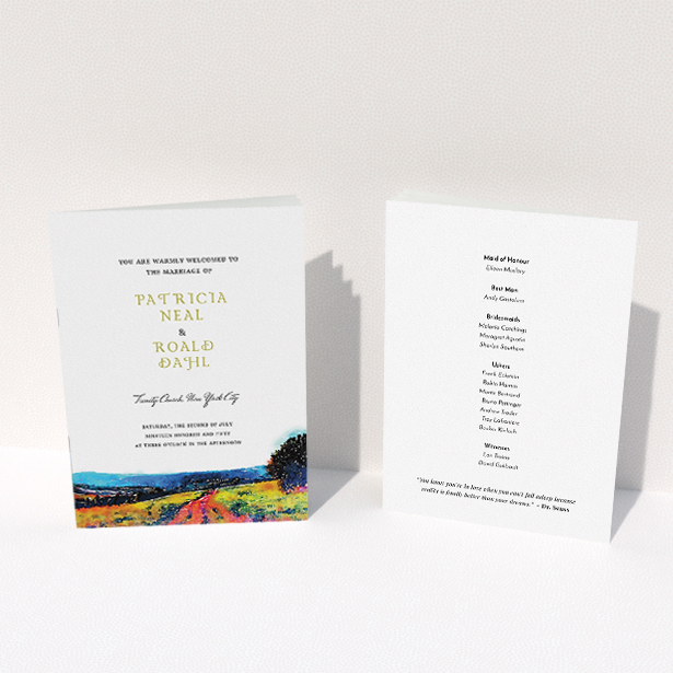 A wedding order of service design called "Country Road". It is an A5 booklet in a portrait orientation. "Country Road" is available as a folded booklet booklet, with tones of white, orange and light blue.