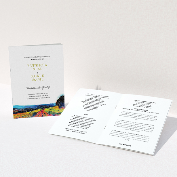 A wedding order of service design called "Country Road". It is an A5 booklet in a portrait orientation. "Country Road" is available as a folded booklet booklet, with tones of white, orange and light blue.