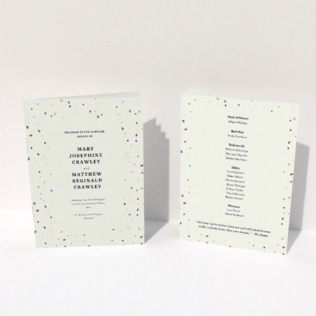 A wedding order of service template titled "Crayon splinters". It is an A5 booklet in a portrait orientation. "Crayon splinters" is available as a folded booklet booklet, with tones of pale cream and orange.