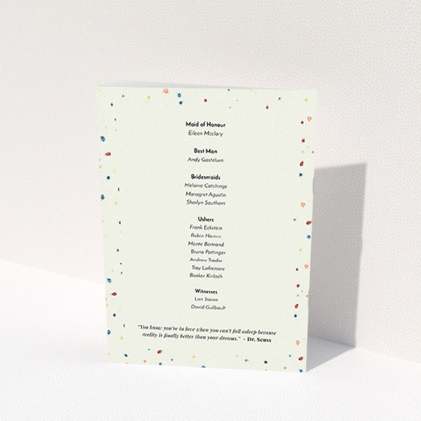 A wedding order of service template titled "Crayon splinters". It is an A5 booklet in a portrait orientation. "Crayon splinters" is available as a folded booklet booklet, with tones of pale cream and orange.