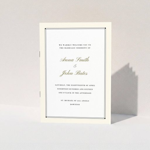 A wedding order of service called "Deco Cream". It is an A5 booklet in a portrait orientation. "Deco Cream" is available as a folded booklet booklet, with mainly cream colouring.