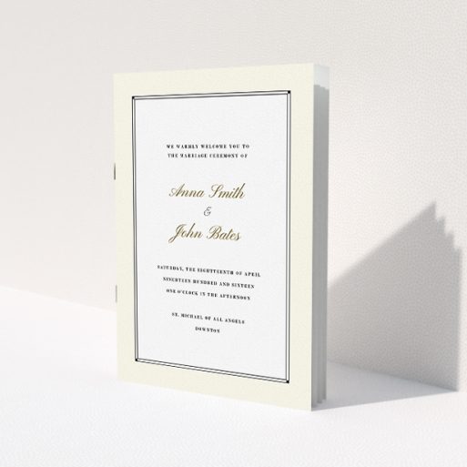 A wedding order of service called 'Deco Cream'. It is an A5 booklet in a portrait orientation. 'Deco Cream' is available as a folded booklet booklet, with mainly cream colouring.