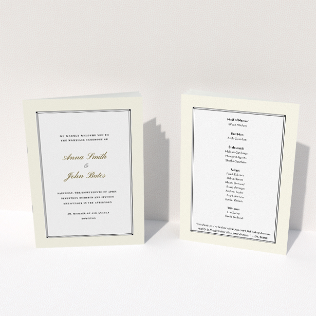 A wedding order of service called "Deco Cream". It is an A5 booklet in a portrait orientation. "Deco Cream" is available as a folded booklet booklet, with mainly cream colouring.
