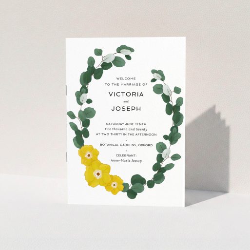 Wedding Order Of Service Design - "Eucalyptus Wreath" A wedding order of service design named "Eucalyptus Wreath". It is an A5 booklet in a portrait orientation. "Eucalyptus Wreath" is available as a folded booklet booklet, with tones of dark green and yellow.