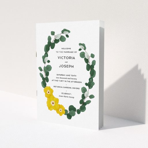 A wedding order of service design named 'Eucalyptus Wreath'. It is an A5 booklet in a portrait orientation. 'Eucalyptus Wreath' is available as a folded booklet booklet, with tones of dark green and yellow.