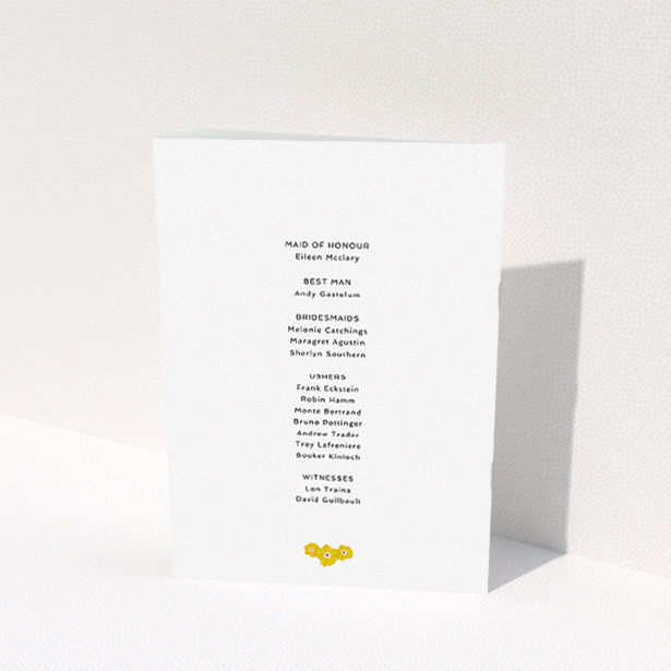 A wedding order of service design named "Eucalyptus Wreath". It is an A5 booklet in a portrait orientation. "Eucalyptus Wreath" is available as a folded booklet booklet, with tones of dark green and yellow.