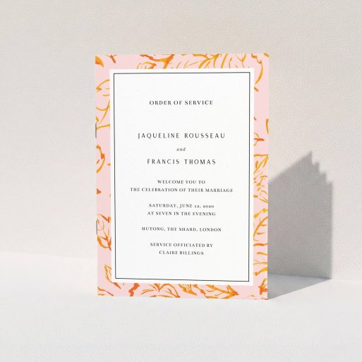 Wedding Order Of Service Design - "Falling Foliage" A wedding order of service template titled "Falling Foliage". It is an A5 booklet in a portrait orientation. "Falling Foliage" is available as a folded booklet booklet, with tones of pink and orange.
