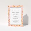 A wedding order of service template titled "Falling Foliage". It is an A5 booklet in a portrait orientation. "Falling Foliage" is available as a folded booklet booklet, with tones of pink and orange.