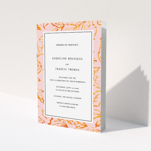 A wedding order of service template titled 'Falling Foliage'. It is an A5 booklet in a portrait orientation. 'Falling Foliage' is available as a folded booklet booklet, with tones of pink and orange.