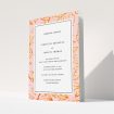 A wedding order of service template titled "Falling Foliage". It is an A5 booklet in a portrait orientation. "Falling Foliage" is available as a folded booklet booklet, with tones of pink and orange.