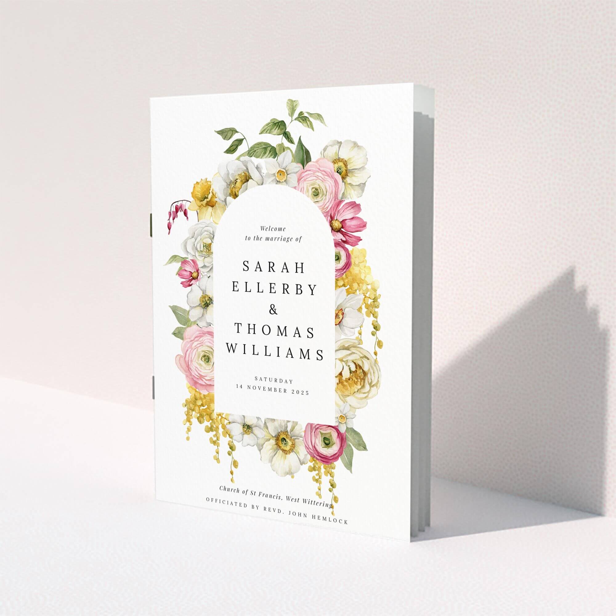 Floral wedding order of service programme with elegant design and vibrant flowers, featuring one photo placeholder.