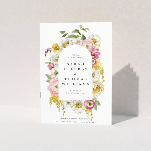 Floral wedding order of service programme with elegant design and vibrant flowers, featuring one photo placeholder.