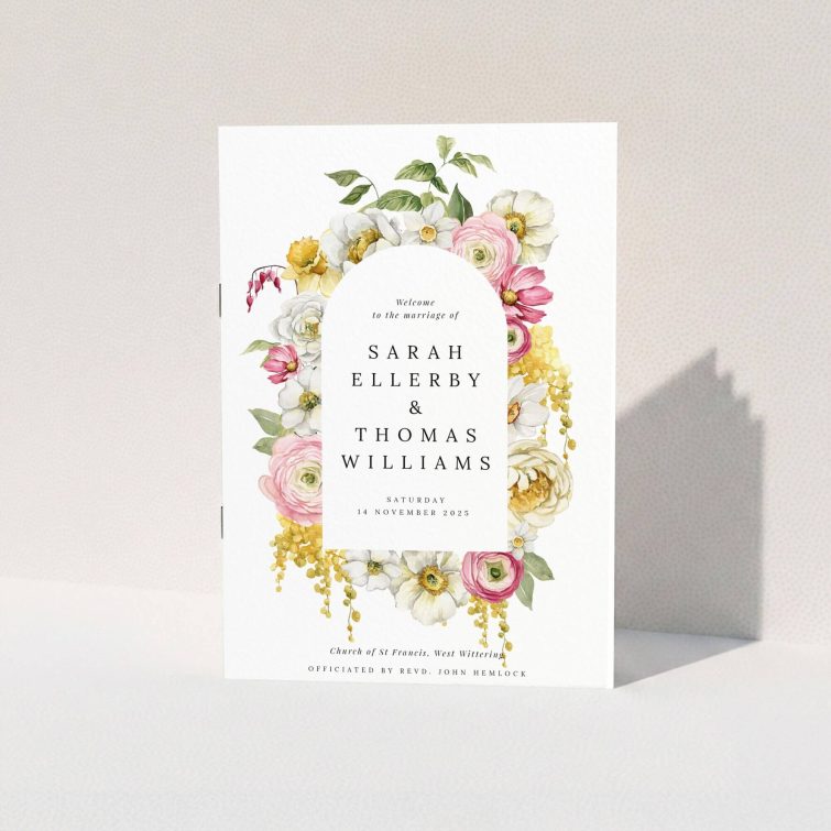 Floral wedding order of service programme with elegant design and vibrant flowers, featuring one photo placeholder.