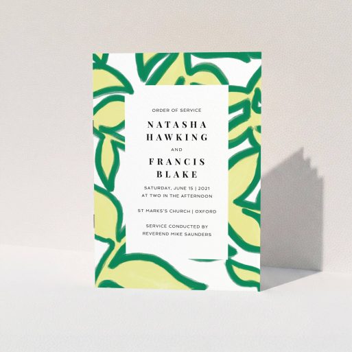 A wedding order of service design titled "Fresh Vines". It is an A5 booklet in a portrait orientation. "Fresh Vines" is available as a folded booklet booklet, with tones of green and white.