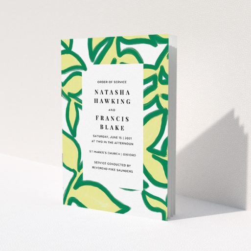 A wedding order of service design titled 'Fresh Vines'. It is an A5 booklet in a portrait orientation. 'Fresh Vines' is available as a folded booklet booklet, with tones of green and white.