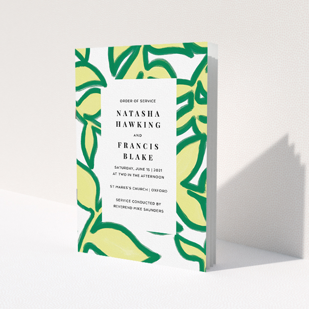 A wedding order of service design titled "Fresh Vines". It is an A5 booklet in a portrait orientation. "Fresh Vines" is available as a folded booklet booklet, with tones of green and white.
