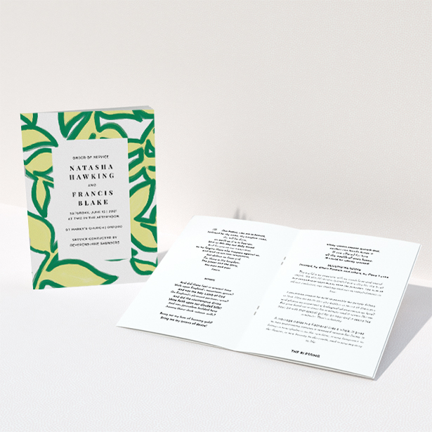 A wedding order of service design titled "Fresh Vines". It is an A5 booklet in a portrait orientation. "Fresh Vines" is available as a folded booklet booklet, with tones of green and white.