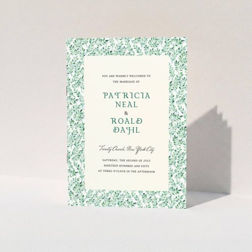 Wedding Order Of Service Design - "From the hedge" A wedding order of service design titled "From the hedge". It is an A5 booklet in a portrait orientation. "From the hedge" is available as a folded booklet booklet, with tones of green and white.
