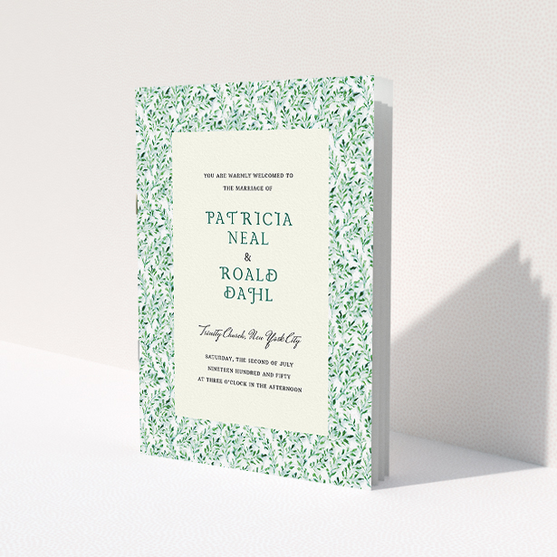 A wedding order of service design titled "From the hedge". It is an A5 booklet in a portrait orientation. "From the hedge" is available as a folded booklet booklet, with tones of green and white.
