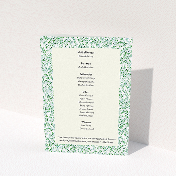 A wedding order of service design titled "From the hedge". It is an A5 booklet in a portrait orientation. "From the hedge" is available as a folded booklet booklet, with tones of green and white.