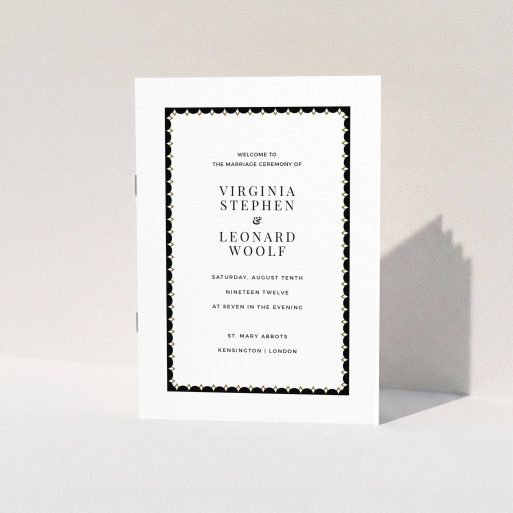 Wedding Order Of Service Design - "Golden black stage" A wedding order of service design called "Golden black stage". It is an A5 booklet in a portrait orientation. "Golden black stage" is available as a folded booklet booklet, with tones of gold and black.