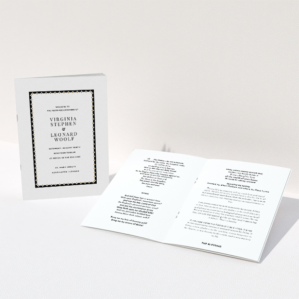 A wedding order of service design called "Golden black stage". It is an A5 booklet in a portrait orientation. "Golden black stage" is available as a folded booklet booklet, with tones of gold and black.