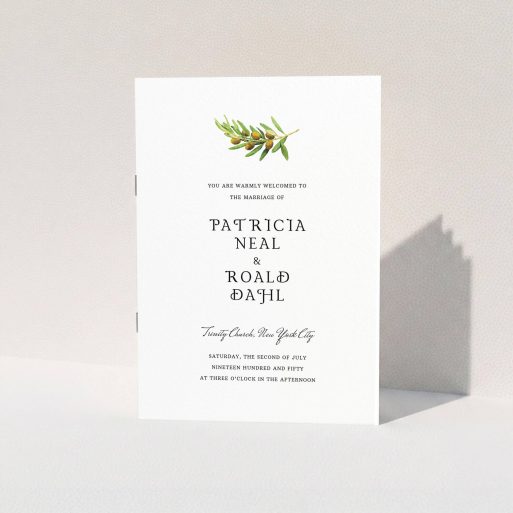 A wedding order of service called "Greco Watercolor". It is an A5 booklet in a portrait orientation. "Greco Watercolor" is available as a folded booklet booklet, with tones of white and green.