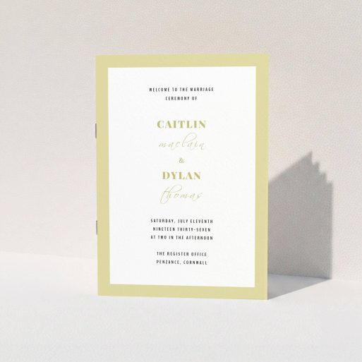 Wedding Order Of Service Design - "Light Gold Border" A wedding order of service design titled "Light Gold Border". It is an A5 booklet in a portrait orientation. "Light Gold Border" is available as a folded booklet booklet, with tones of gold and white.
