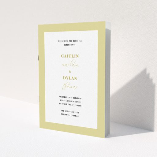 A wedding order of service design titled 'Light Gold Border'. It is an A5 booklet in a portrait orientation. 'Light Gold Border' is available as a folded booklet booklet, with tones of gold and white.