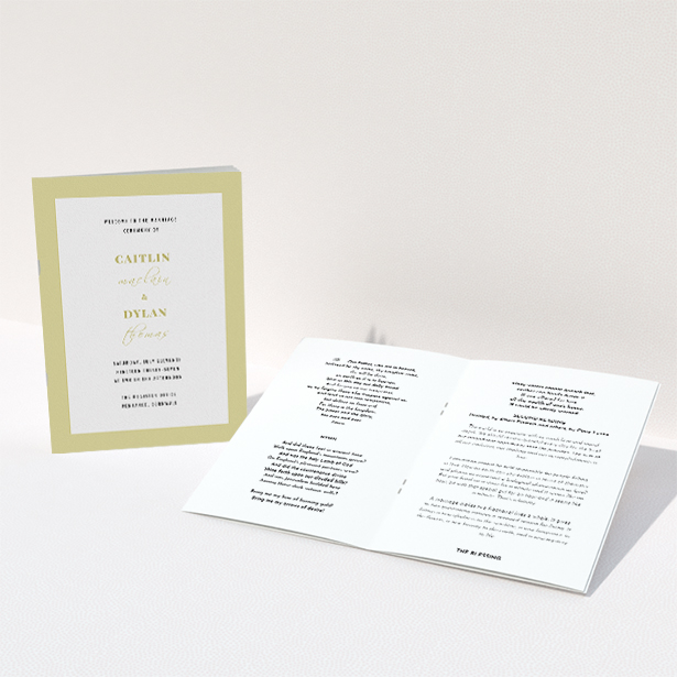 A wedding order of service design titled "Light Gold Border". It is an A5 booklet in a portrait orientation. "Light Gold Border" is available as a folded booklet booklet, with tones of gold and white.