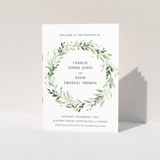 A wedding order of service design named "Marine Wreath Cover". It is an A5 booklet in a portrait orientation. "Marine Wreath Cover" is available as a folded booklet booklet, with tones of ice blue, light green and yellow.