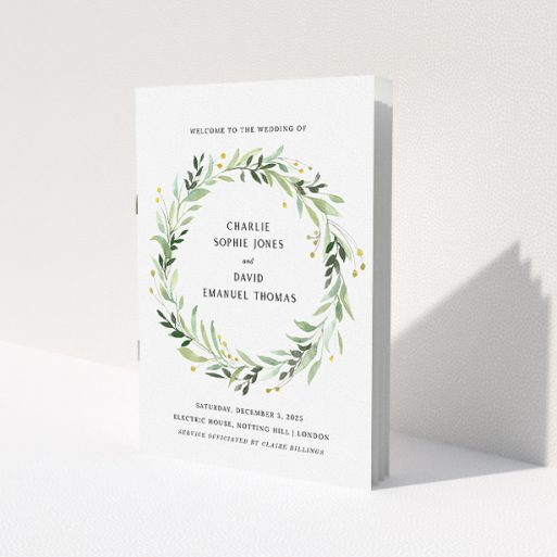 A wedding order of service design named 'Marine Wreath Cover'. It is an A5 booklet in a portrait orientation. 'Marine Wreath Cover' is available as a folded booklet booklet, with tones of ice blue, light green and yellow.