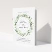 A wedding order of service design named "Marine Wreath Cover". It is an A5 booklet in a portrait orientation. "Marine Wreath Cover" is available as a folded booklet booklet, with tones of ice blue, light green and yellow.