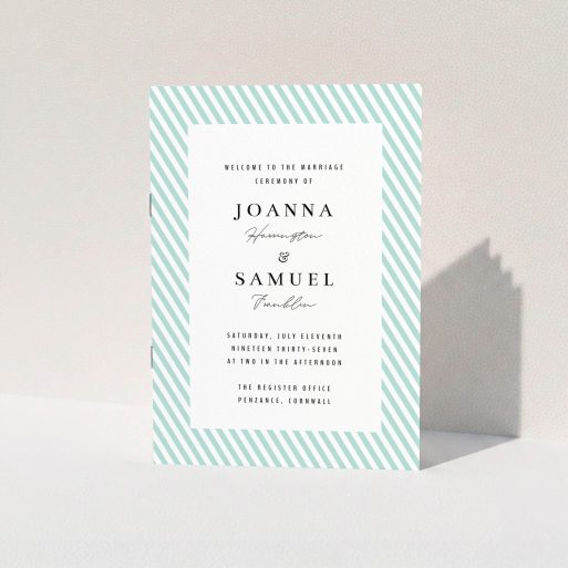 Wedding Order Of Service Design - "Mint Diagonals" A wedding order of service template titled "Mint Diagonals". It is an A5 booklet in a portrait orientation. "Mint Diagonals" is available as a folded booklet booklet, with tones of green and white.