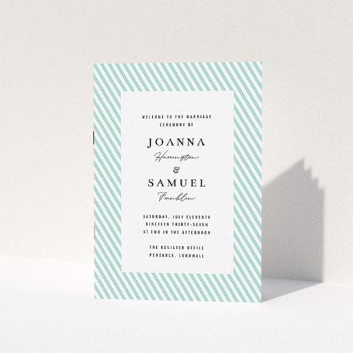 A wedding order of service template titled "Mint Diagonals". It is an A5 booklet in a portrait orientation. "Mint Diagonals" is available as a folded booklet booklet, with tones of green and white.