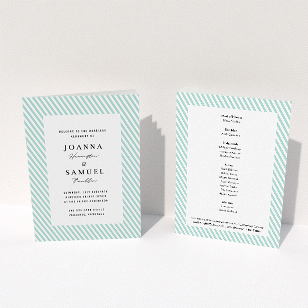 A wedding order of service template titled "Mint Diagonals". It is an A5 booklet in a portrait orientation. "Mint Diagonals" is available as a folded booklet booklet, with tones of green and white.