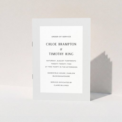 Wedding Order Of Service Design - "Monochrome Elegance" A wedding order of service design called "Monochrome Elegance". It is an A5 booklet in a portrait orientation. "Monochrome Elegance" is available as a folded booklet booklet, with tones of grey and white.