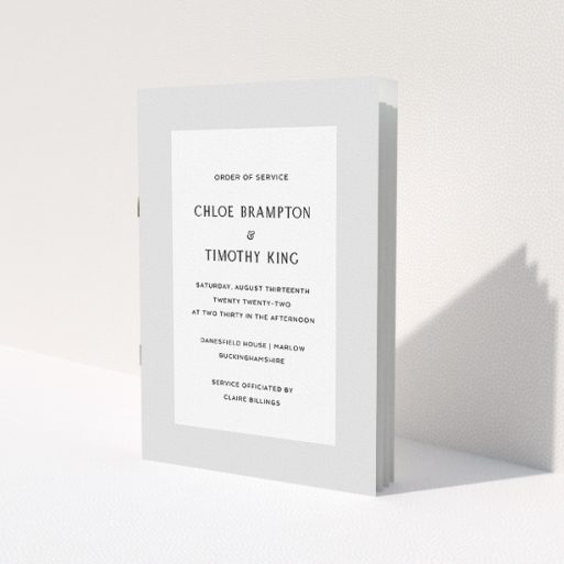 A wedding order of service design called 'Monochrome Elegance'. It is an A5 booklet in a portrait orientation. 'Monochrome Elegance' is available as a folded booklet booklet, with tones of grey and white.