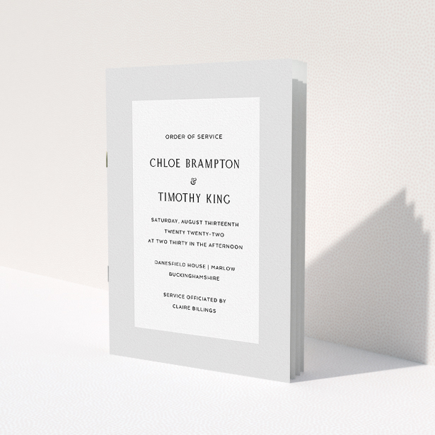 A wedding order of service design called 'Monochrome Elegance'. It is an A5 booklet in a portrait orientation. 'Monochrome Elegance' is available as a folded booklet booklet, with tones of grey and white.