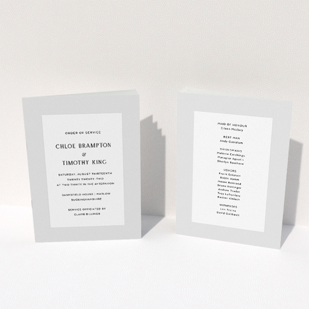 A wedding order of service design called "Monochrome Elegance". It is an A5 booklet in a portrait orientation. "Monochrome Elegance" is available as a folded booklet booklet, with tones of grey and white.