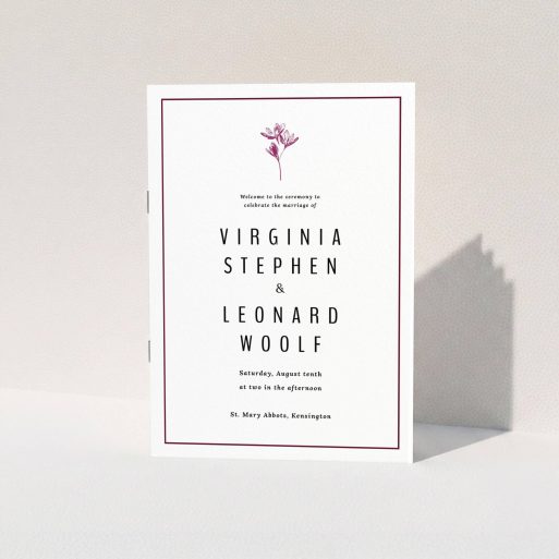 A wedding order of service design titled "My little daisy". It is an A5 booklet in a portrait orientation. "My little daisy" is available as a folded booklet booklet, with tones of white and purple.