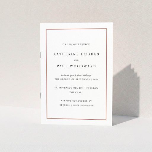 A wedding order of service design called "Ochre Border Traditional". It is an A5 booklet in a portrait orientation. "Ochre Border Traditional" is available as a folded booklet booklet, with tones of white and red.