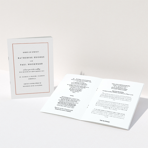 A wedding order of service design called "Ochre Border Traditional". It is an A5 booklet in a portrait orientation. "Ochre Border Traditional" is available as a folded booklet booklet, with tones of white and red.