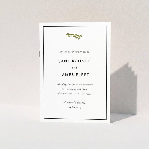 A wedding order of service named "Olive branch stamp". It is an A5 booklet in a portrait orientation. "Olive branch stamp" is available as a folded booklet booklet, with tones of white and green.